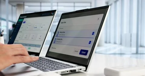 Hispanic Man Uploads Data To Secure Cloud Computing Archive. 스톡 사진