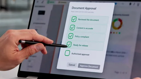 Hispanic Man Using Cloud-Based Software To Review And Approve Documents Stock Footage 331519179