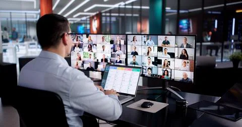 Hispanic Man Using Kanban Software In Virtual Digital Marketing Conference. Stock Photos