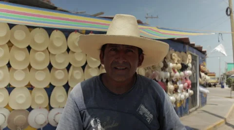 Hispanic Man At Work, Latin Hat Maker on Street, Smiles 2 Stock Footage 48364790