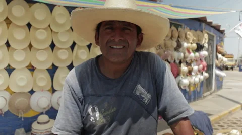 Hispanic Man At Work, Latino Hat Maker on Street Smiles Stock Footage 48364791