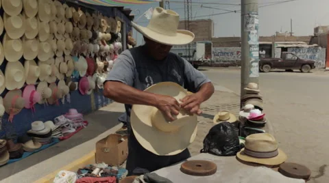 Hispanic Man At Work, Latino Hat Maker on Street 4 Stock Footage 48365185