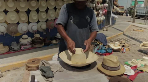 Hispanic Man At Work, Latino Hat Maker on Street 1 Stock Footage 48365397