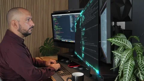 Hispanic Middle Age Male Software Developer Working From Home Office on Stock Footage 281759708