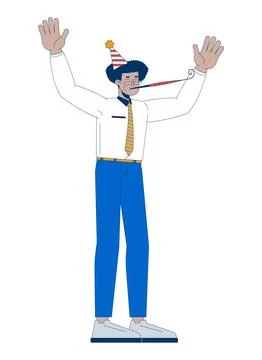Hispanic office worker blowing into party horn 2D cartoon character Stock Illustration