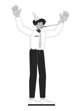 Hispanic office worker blowing into party horn black and white 2D line charac Stock Illustration
