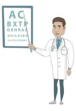 Hispanic ophthalmologist pointing at eye chart. Stock Illustration