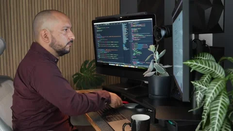 Hispanic Programmer Distracted by Phone Message While Working from Home Stock Footage 281684625