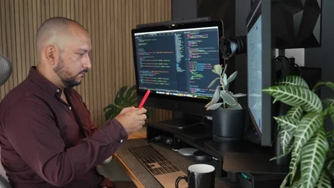 Hispanic Programmer Distracted by Social Media While Working from Home Stock Footage 281684661