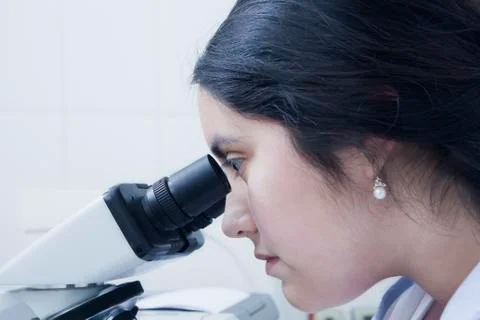 Hispanic scientist using microscope in laboratory Foto stock