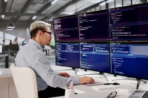 Hispanic Software Engineer Concentrating On Building Innovative Web Apps At H Foto stock