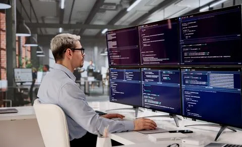 Hispanic Software Engineer Writing Code For Modern Web Apps On Desktop Monito Stockfoto's