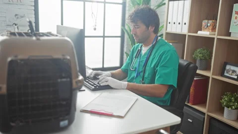 A hispanic veterinarian types on a computer in a clinic office with a pet c.. Stock Footage 283549735