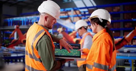 Hispanic Warehouse Engineer Manages Logistics Team Using Laptop Foto stock