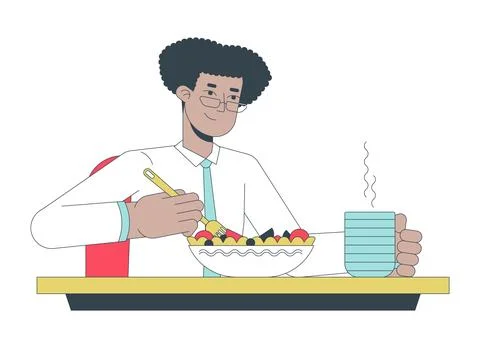 Hispanic white collar worker eating salad 2D linear cartoon character Stock Illustration