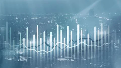 Histogram and lines economic chart on modern architecture background Stock-Illustration