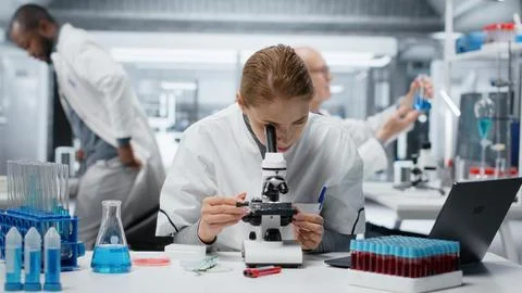 Histology technician using compound microscope for detailed cellular analysis Stock Photos