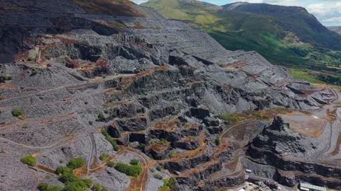 Historic Abandoned Quarry Slopes and Industrial Terraces, Aerial View Stock Footage 346797991