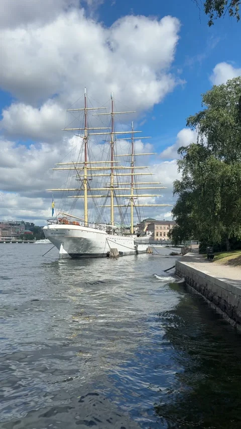 Historic af Chapman Tall Ship Moored in Stockholm Vertical Video Stock Footage 343778228