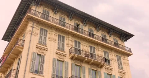 Historic Apartment Building Facade with Iron Balconies in Nice France Stock Footage 345072453