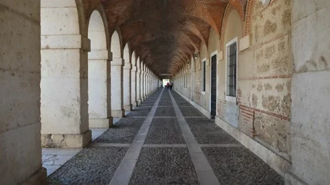 Historic Arched Gallery and Stone Corridor in Aranjuez, Spain Stock Footage 232666701