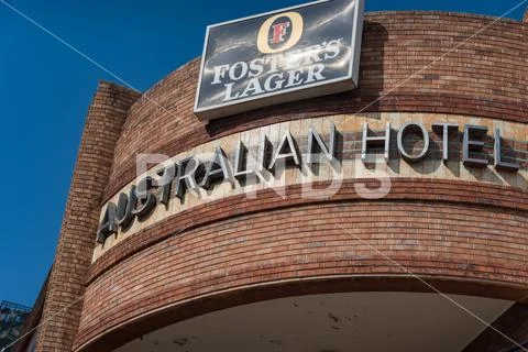 Historic Australian Hotel sign with beer advertisement above Stock Photos