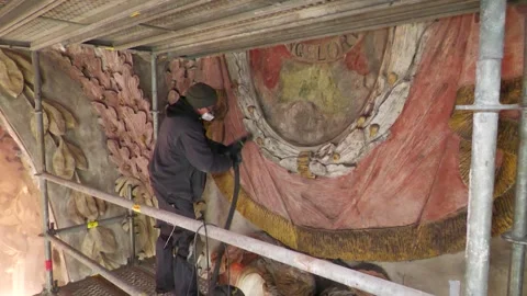 Historic Baroque Polychrome Decoration During Church Restoration Video stock 345216196