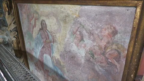 Historic Baroque Wall Painting Inside Church During Restoration Video stock 345209140