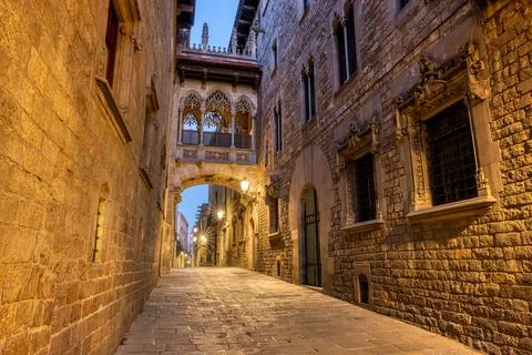 The historic Barrio Gotico in Barcelona at twilight Stock Photos