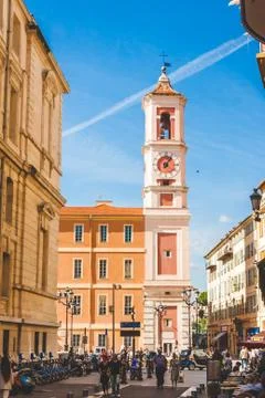 Historic bell tower with clock in Nice Stock Photos