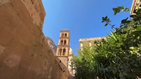 Historic bell tower of Saint Catherine Monastery. Low angle motion shot Vidéo 341650466