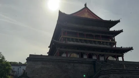 Historic Bell Tower of Xi'an Against a Bright Sunny Sky, China Видео 337096701