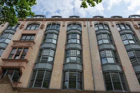 Historic Berlin Facade with Rows of Projecting Bay Windows Stock Photos
