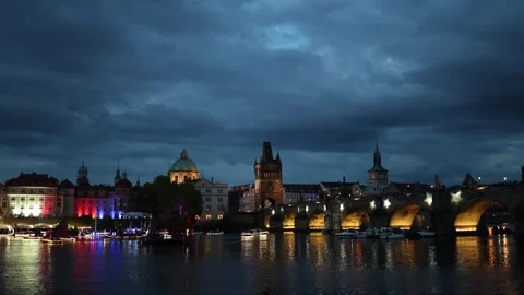 Historic bridge over river at night Stock Footage 335920279