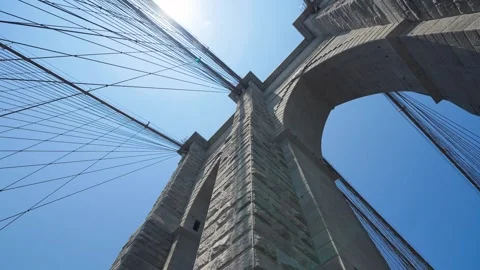 Historic Brooklyn Bridge pylons showcasing structural design and urban skyl.. Stock Footage 325523006
