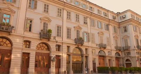 Historic Building Facade with Arched Windows and Balconies in Piazza Carignano Stock Footage 340996473