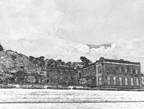 Historic building facade with trees and snow in vintage monochrome style Ilustración de archivo