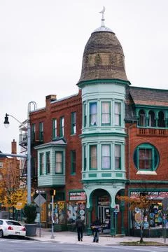 Historic building at the intersection of 25th &amp; Charles Street in Charles Vil Stock Photos