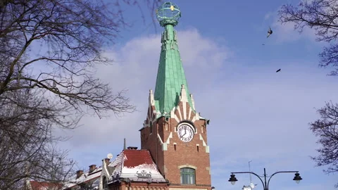 Historic building with tower and clock in cityscape with birds. Stock Footage 335499978