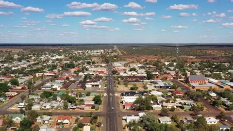 Historic buildings in downtown of Cobar mining town in outback – aerial 4k. Stock Footage 168554735