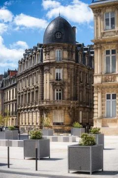 Historic buildings on intersection of two streets, Rue Thiers and Rue du General Stock Photos