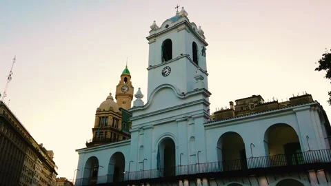 Historic Cabildo Colonial Building with Clock Tower at Sunset in Buenos Aires 스톡 동영상 328519973