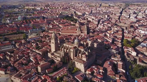 Historic cathedral elevated over big city of Salamanca, Spain Stock Footage 82629683