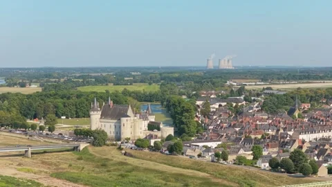 The historic Chateau de Sully-sur-Loire alongside the charming town of Sully-sur Stock Footage 346718125