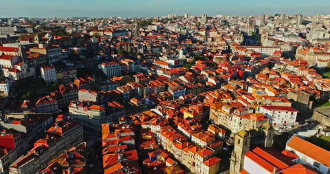 Historic City Centre Red Rooftops Beautiful Porto Skyline Narrow Streets Aerial Stock Footage 300449071