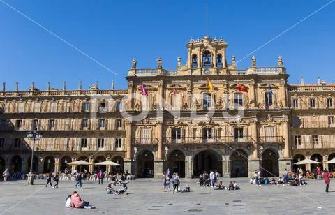 Historic city hall on the PLaza Mayor of Salamanca Stock Photos