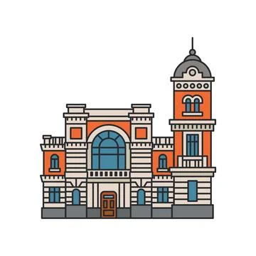 Historic classical building with tower and arched windows. Detailed symmetr.. Illustrazione stock