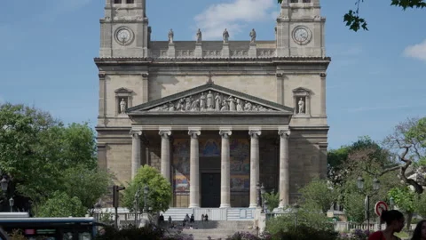 The historic classical Catholic facade of Eglise Saint-Vincent-de-Paul church Stock Footage 336721767