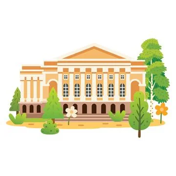 Historic classical theater building with trees and flowers isolated on whit.. Stock Illustration