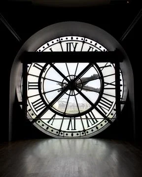 Historic Clock Face Framing Paris View at Musee d'Orsay Stock Photos